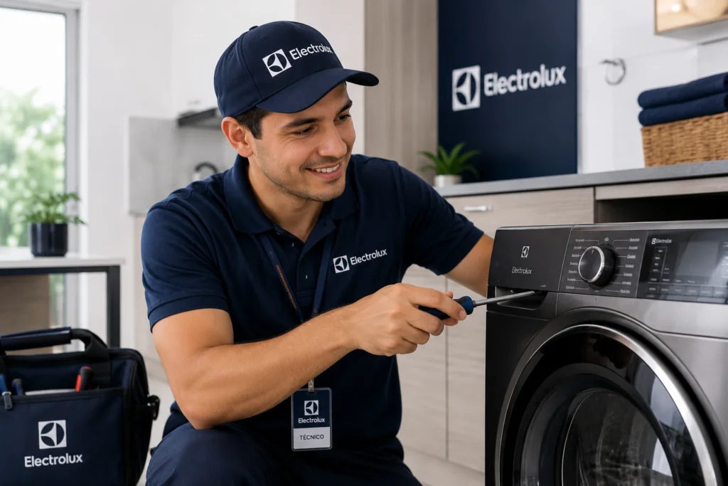 Técnico autorizado Electrolux reparando una lavadora en San Salvador