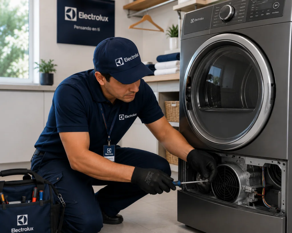 Técnico autorizado Electrolux documentando una reparación en San Salvador