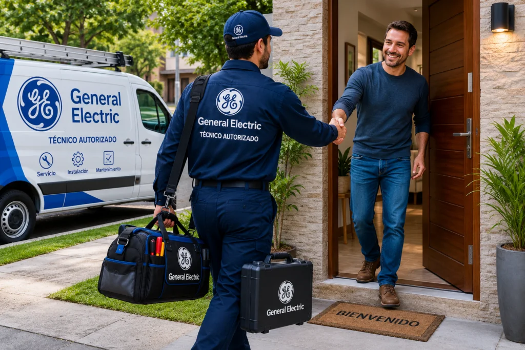 Técnico autorizado General Electric saludando a un cliente en San Salvador