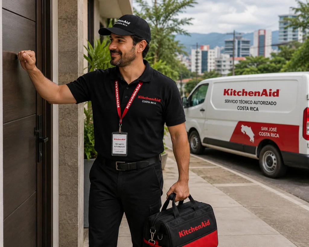 Técnico autorizado KitchenAid documentando una reparación en San Salvador