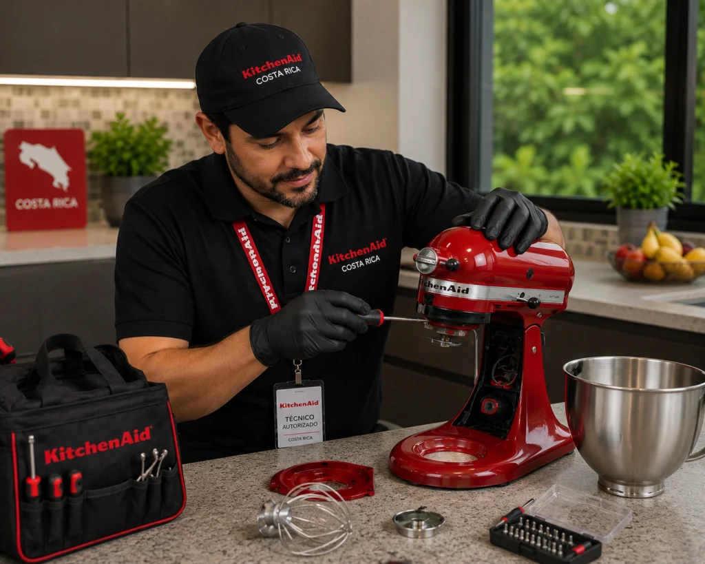 Técnico autorizado KitchenAid reparando una batidora Artisan en San Salvador