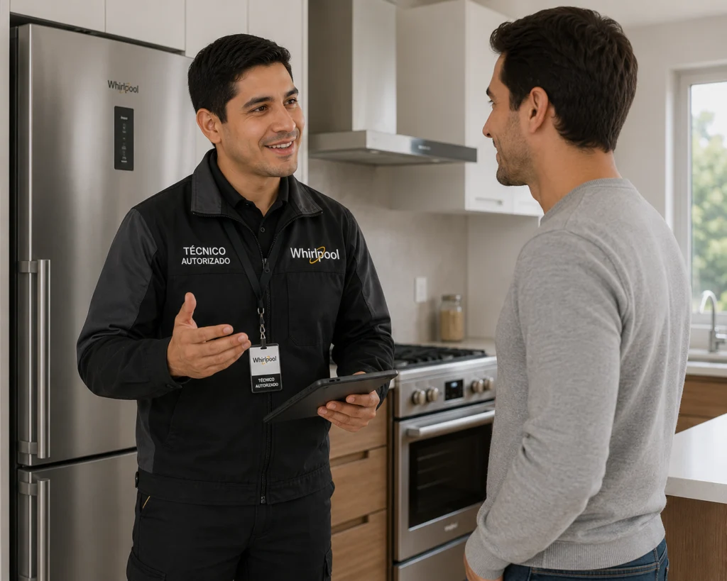 Técnico autorizado Whirlpool explicando un diagnóstico a un cliente en San Salvador