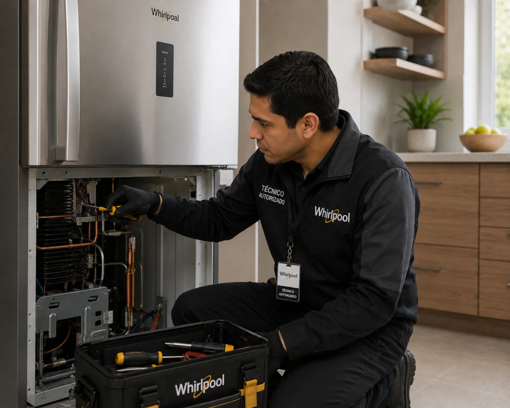 Técnico autorizado Whirlpool documentando una reparación en San Salvador